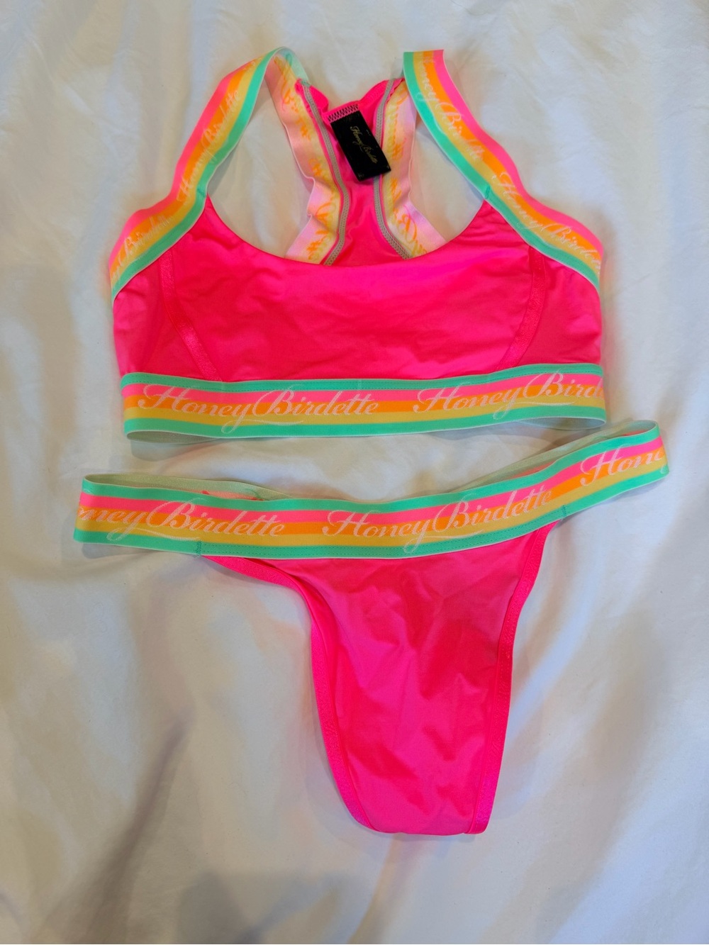 ✨ NEW Honey Birdette Essentials Neon Pink Logo-Trim Bralette & Thong Set - XXS ✨